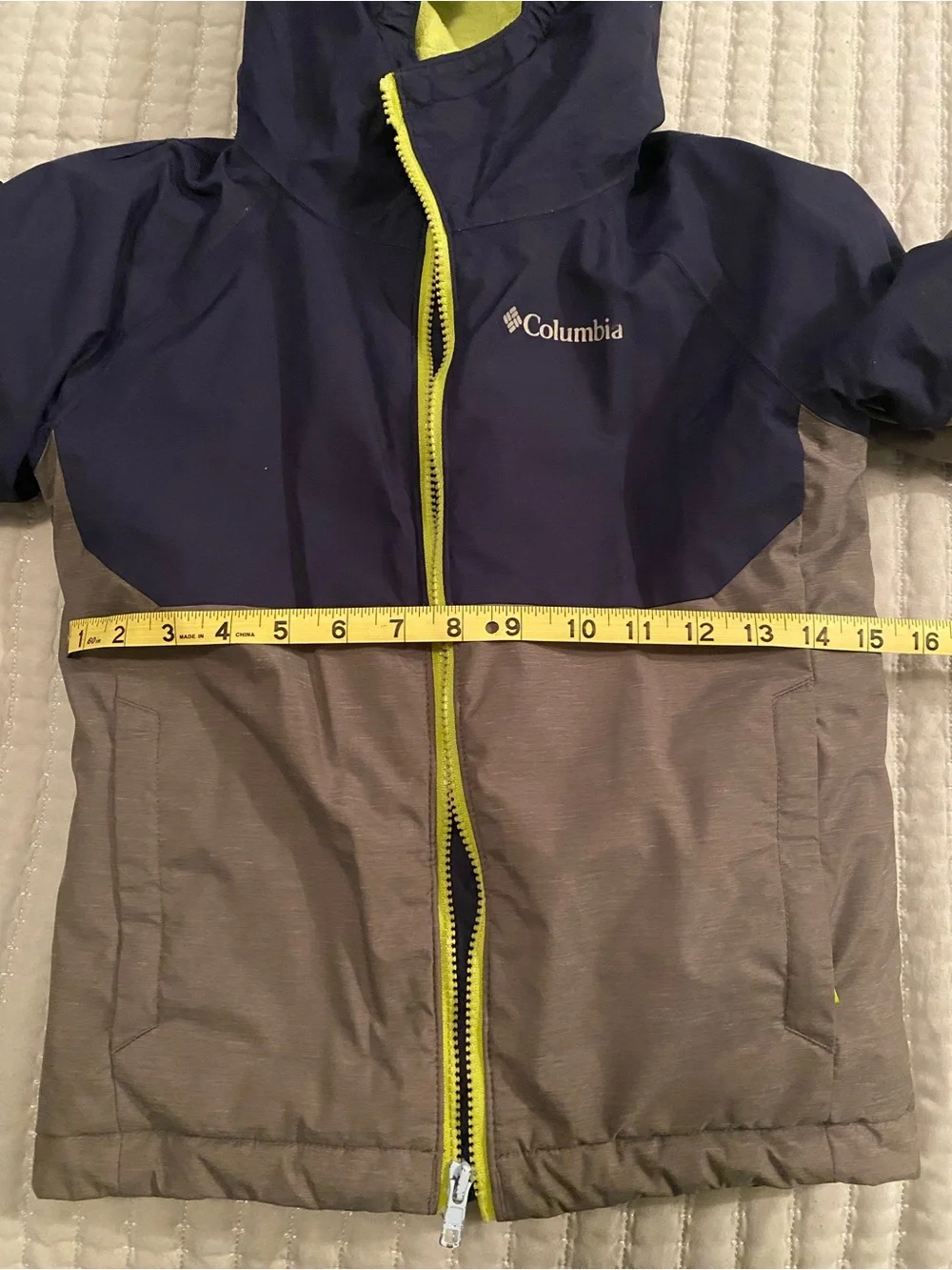Columbia Navy and Gray Kids Hooded Puffer Jacket with Lime Trim